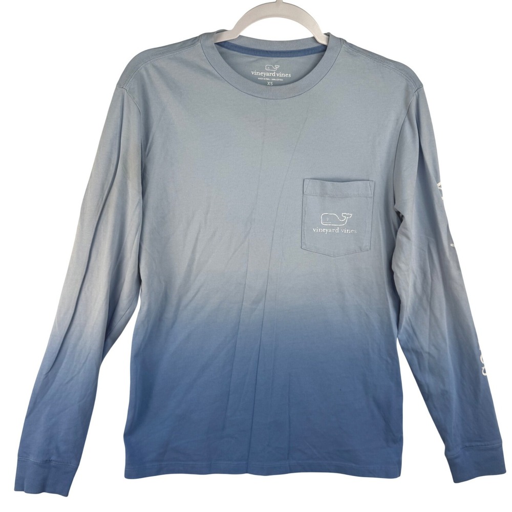 Vineyard Vines Men XS Long Sleeve Ombre Blue Whale Graphic Pocket T-Shirt Cotton